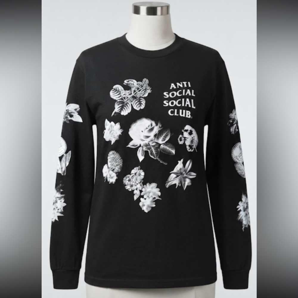 Anti Social Social Club Black Long-Sleeve Floral Crewneck Sweater